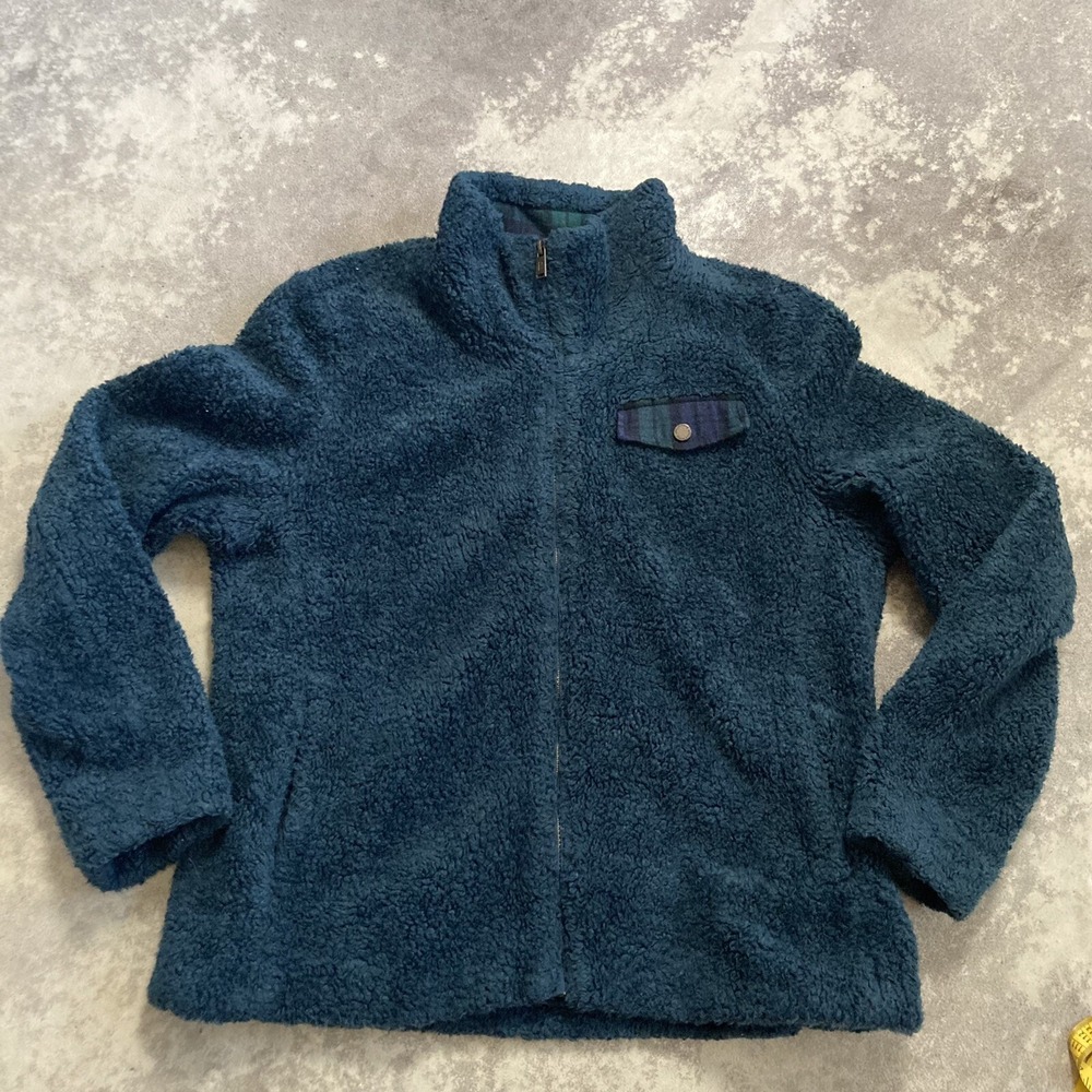Pendleton Womens Large Deep Pile Sherpa Fleece Jacket Teal Blue Plaid Full Zip